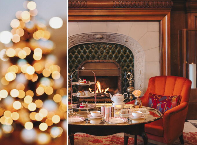 Festlicher Afternoon Tea vor dem Kamin im Hotel Vier Jahreszeiten Hamburg mit Weihnachtsbaum im Hintergrund