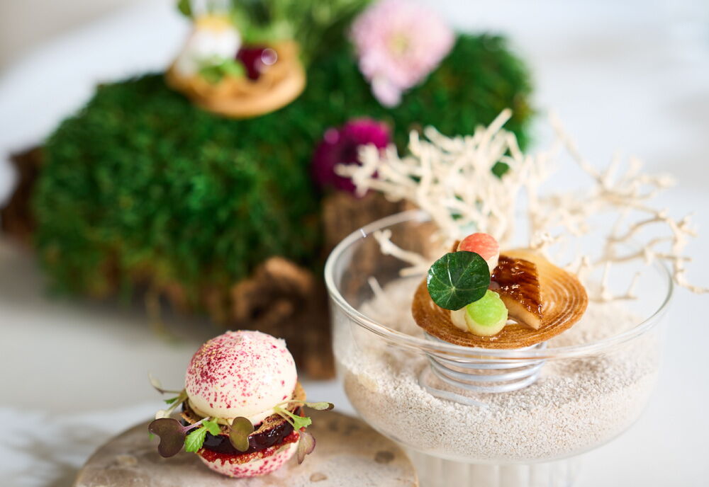 Artfully arranged grilled eel with wood sorrel in a spicy meringue