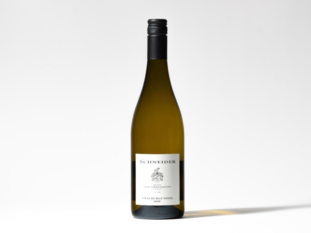 Weißwein Grauburgunder Schneider (0,75l) mit dem Logo des Hotel Vier Jahreszeiten in Hamburg