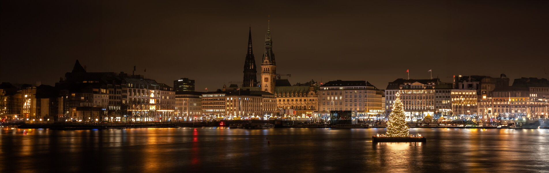 Night view across the Inner Alster Lake towards illuminated Hamburg City Hall and a floating Christmas tree
