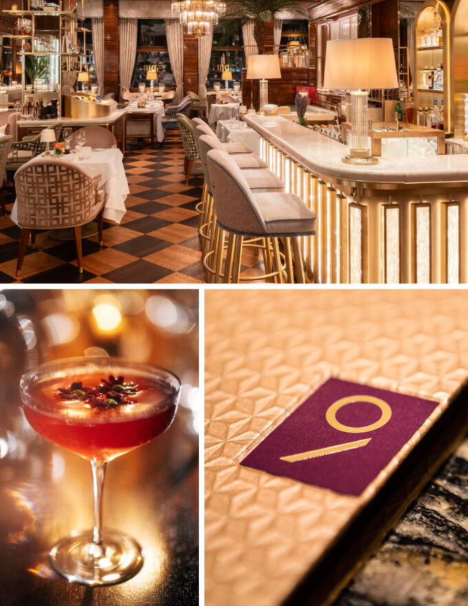 Collage mit einem Glas für einen Drink, Nikkei Nine Speisekarte und Grill Restaurant