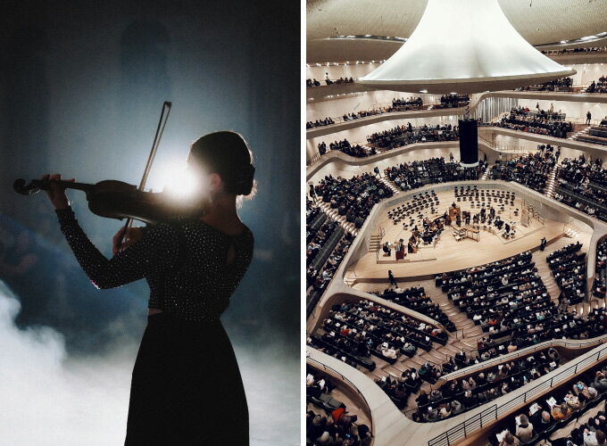 Violinistin bei einem Konzert und Blick in die Elbphilharmonie in Hamburg