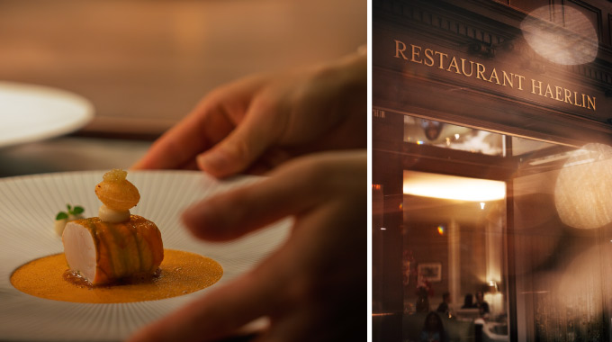 On the left is a dish from the Haerlin restaurant, on the right is the entrance to the restaurant.