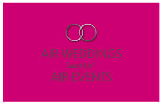 Pinke Grafik mit Eheringen und der Aufschrift AIR WEDDINGS Saatrübe AIR EVENTS